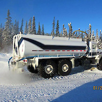 Winter road 2021 - water truck at the north end of Prosperous Lake. Photo courtesy Government of NWT.
